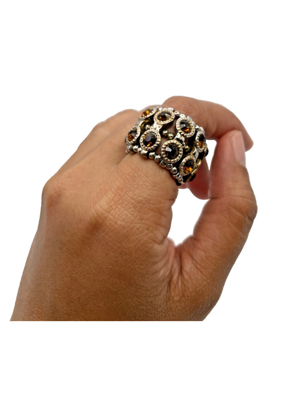 Vintage Bohemian Style Jewelry Ring Stretch Rhinestone Crystal Amber Color Sz 7